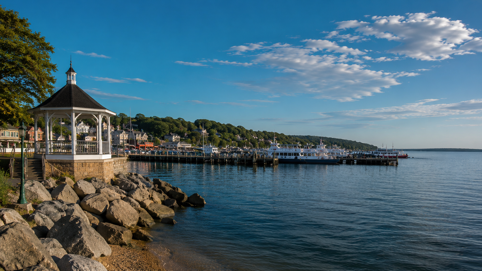 Port Jefferson harbor gazebo and ferries